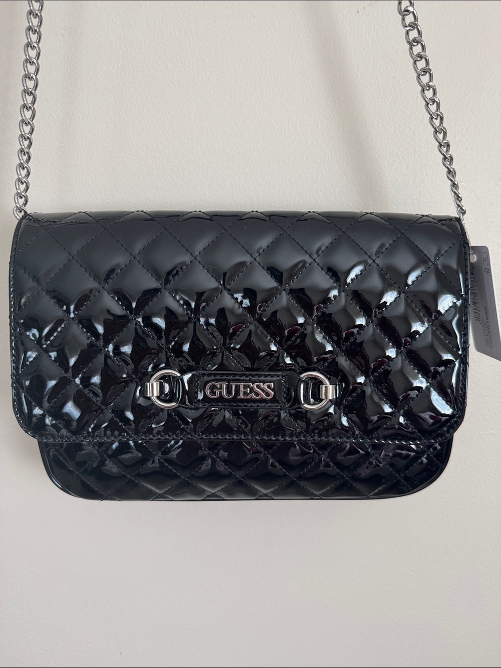 GUESS Quilted Patent Crossbody Bag in Black with Chain Strap